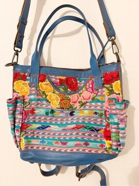 Hasta La Vista Convertible Leather Embroidered Bag Backpack Floral *